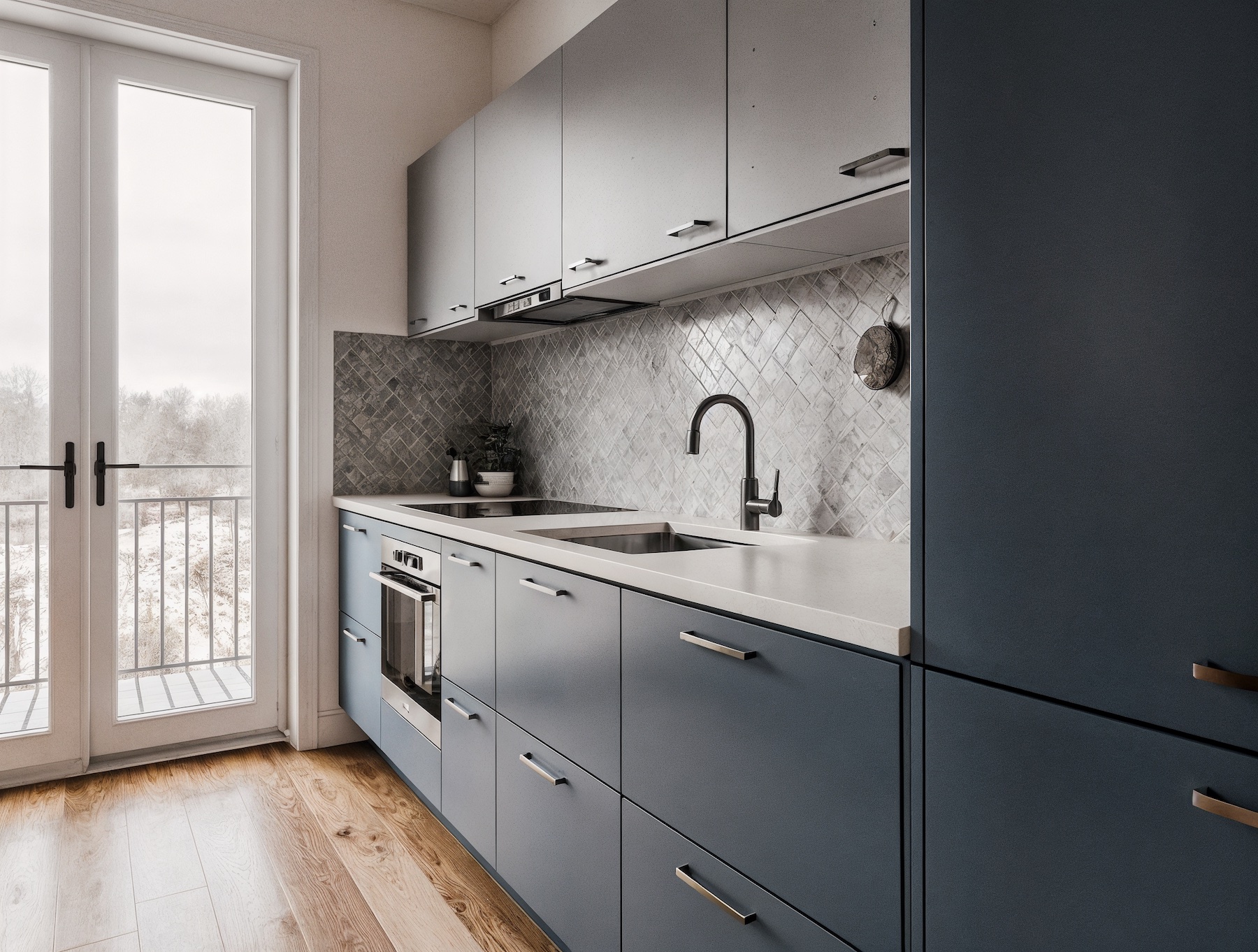 скандинавська преміум кухня блакитні фасади натуральний камінь стільниця вінниця на замовлення